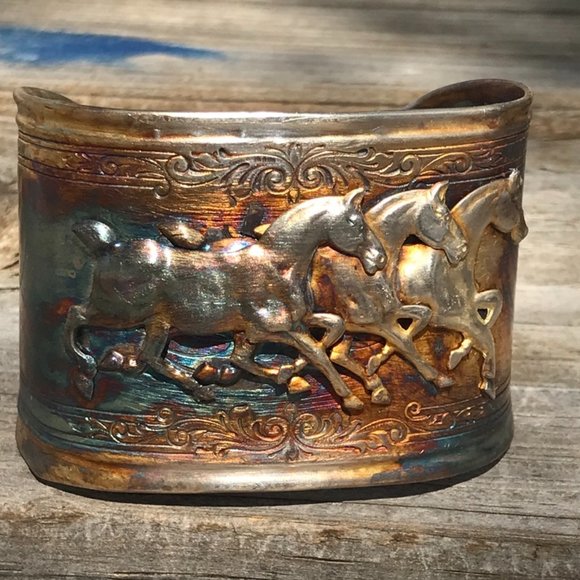 Horse Sterling Silver Wide Cuff Bracelet 925 Handmade Gift Victorian Western - Picture 2 of 10